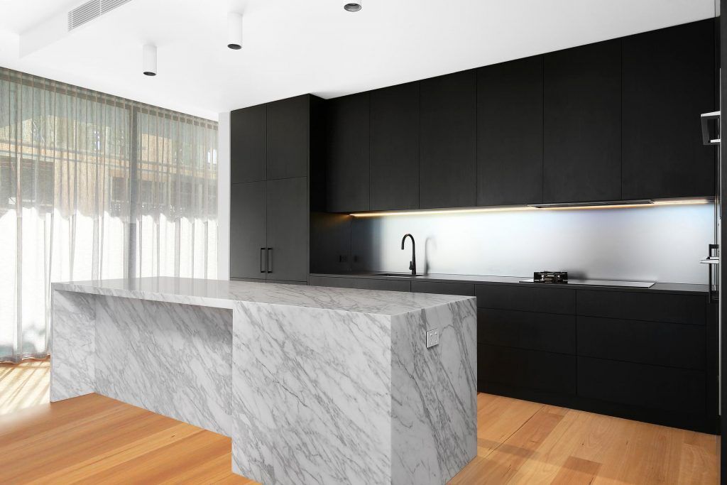 Putney, Veneer / Polyurethane kitchen featuring a Carrara Marble Island bench with waterfall return