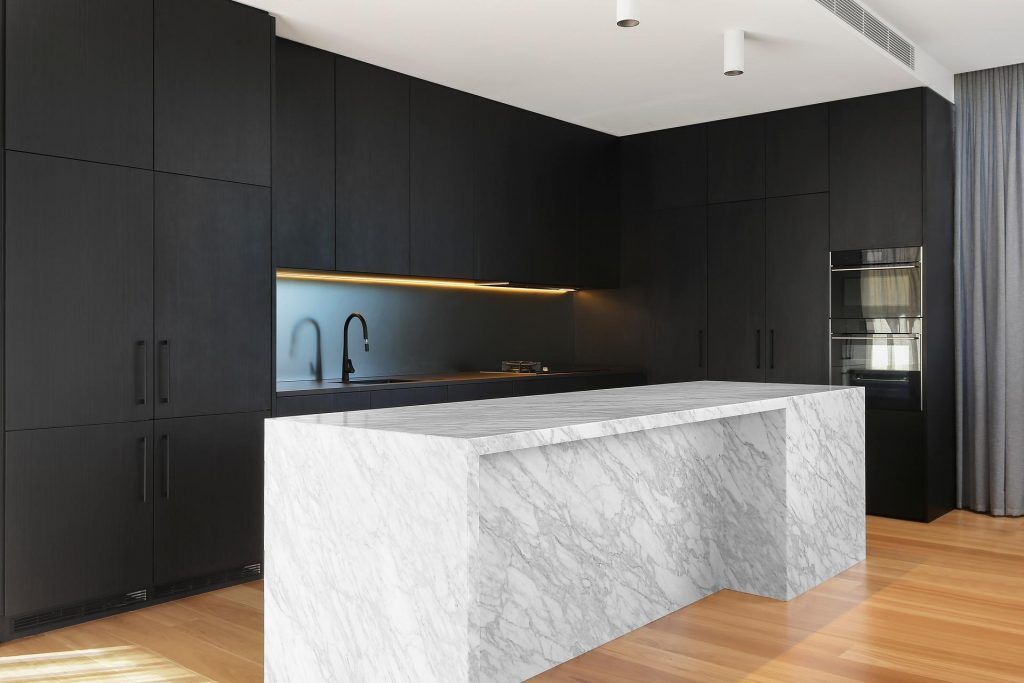 Putney, Veneer / Polyurethane kitchen featuring a Carrara Marble Island bench with waterfall return
