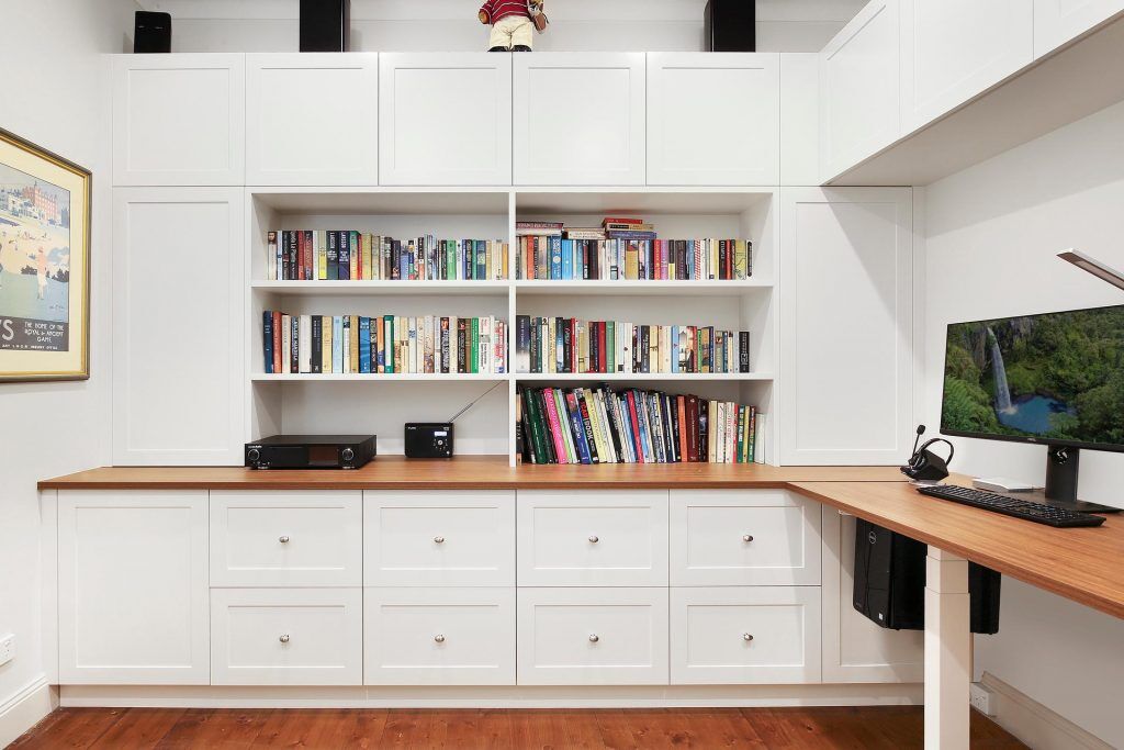 Polyurethane Shaker Style Study with open shelving and a Polytec Woodmatt benchtop - Killara, Sydney