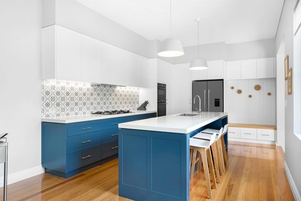 Annandale, Satin Polyurethane Shaker Style doors with a Frosty Carina Caesarstone bench