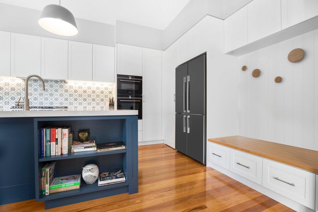 Annandale, Satin Polyurethane Shaker Style doors with a Frosty Carina Caesarstone bench