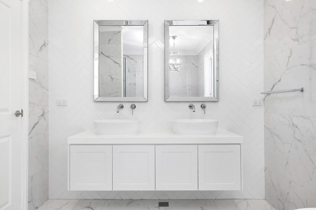 Double vanity with Shaker doors and over-mount sinks - Georges Hall, Sydney
