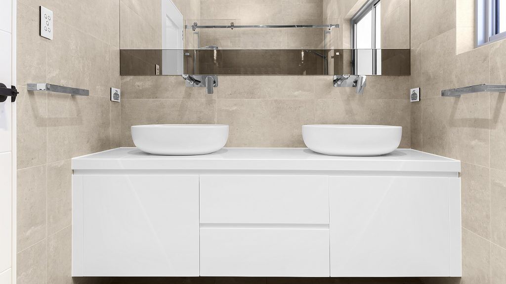 Satin Polyurethane vanity with a Quantum Quartz top - Sefton, Sydney