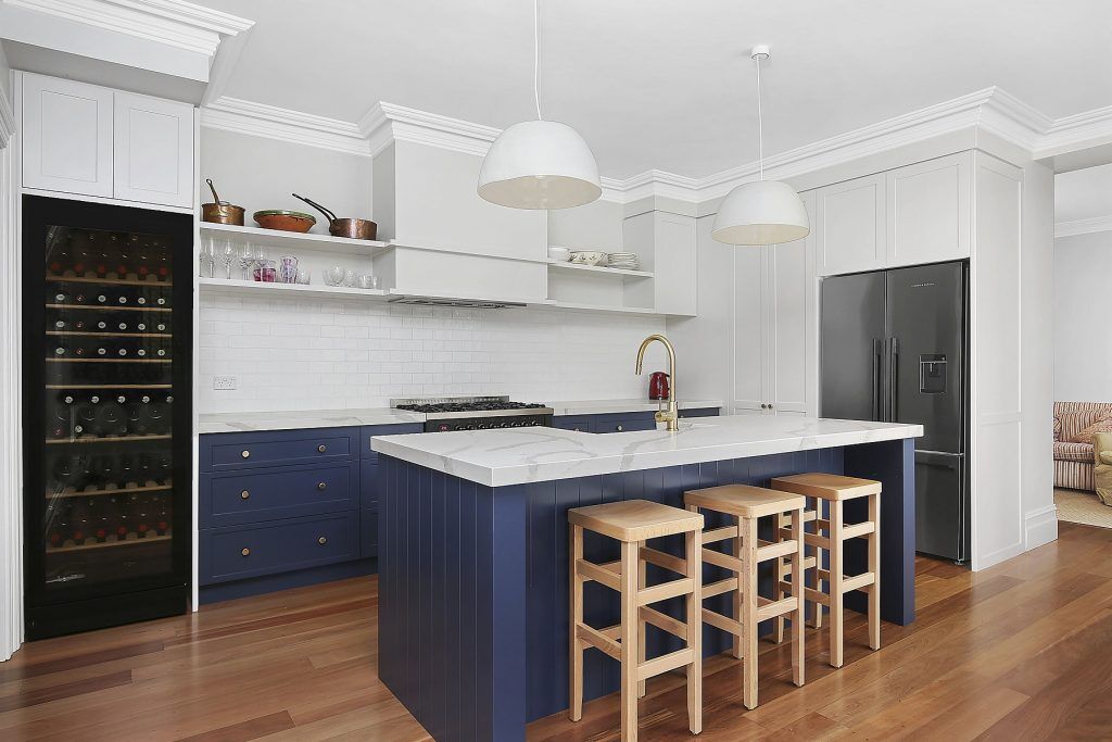 Stanmore, Shaker Style kitchen in Winter Terrace and Blue Rhapsody Polyurethane with a Smart Stone Borghini Naturale benchtop