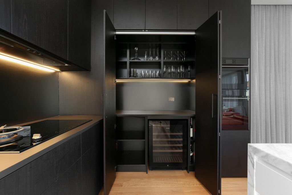 Putney, Veneer / Polyurethane kitchen featuring a Carrara Marble Island bench with waterfall return