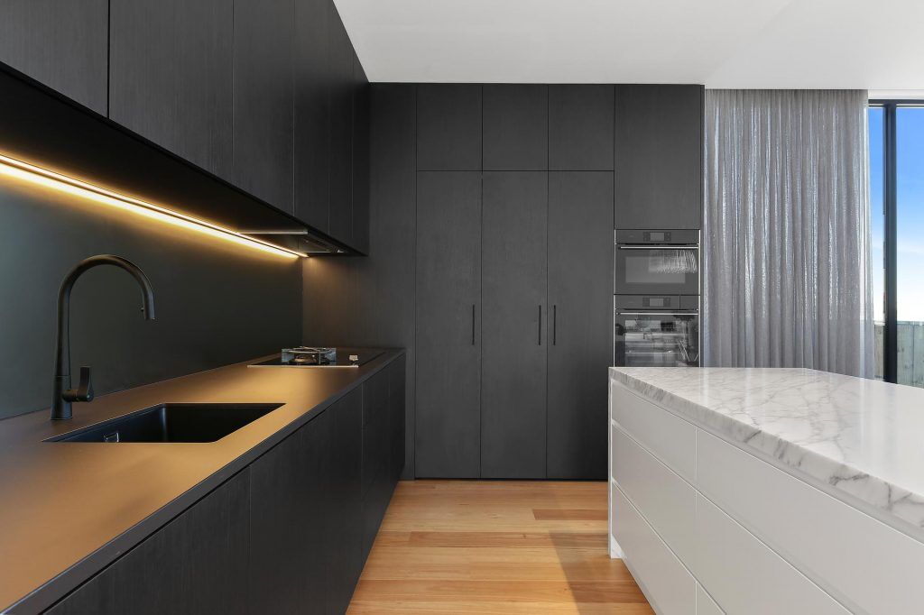 Putney, Veneer / Polyurethane kitchen featuring a Carrara Marble Island bench with waterfall return