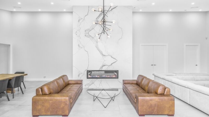 Fireplace with Quantumsix + wall cladding in Statuario, Twin Creeks, Sydney