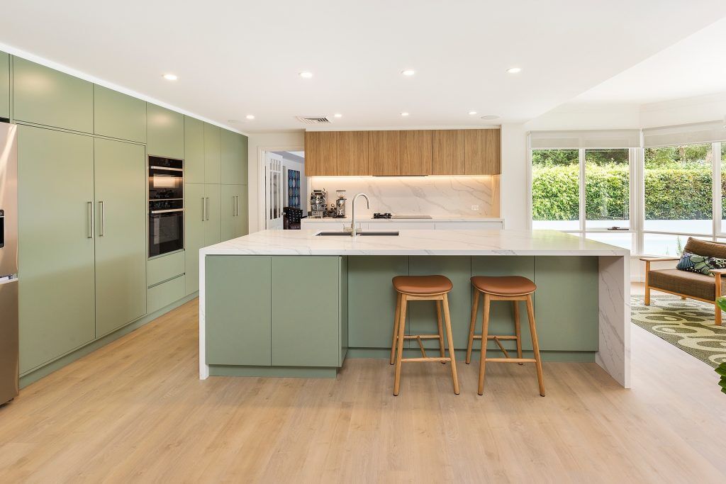 Castle Hill, Satin polyurethane streamline kitchen with a stone island, benchtop and splashback