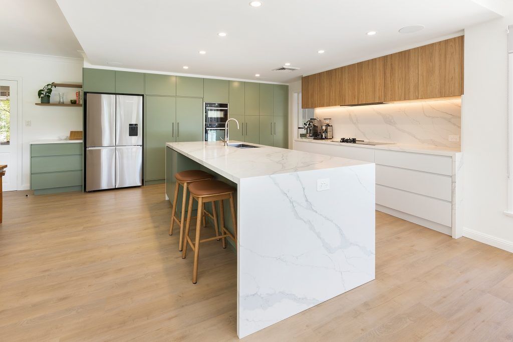 Castle Hill, Satin polyurethane streamline kitchen with a stone island, benchtop and splashback