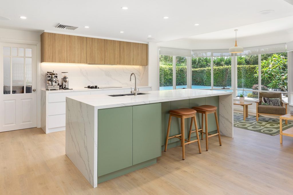 Castle Hill, Satin polyurethane streamline kitchen with a stone island, benchtop and splashback