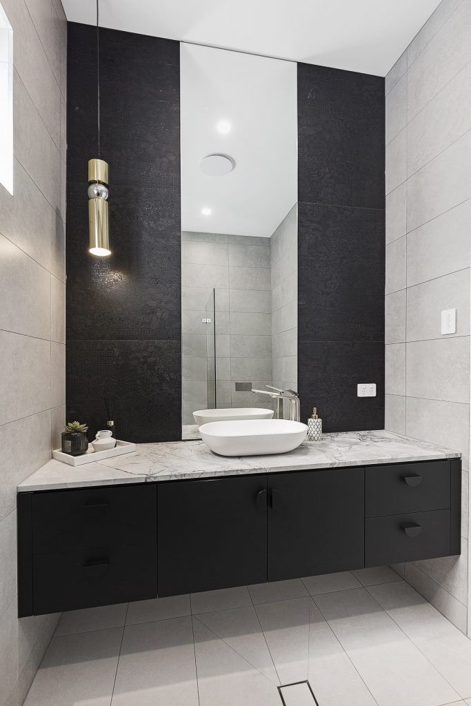 Matt Black custom vanity with a Super White stone benchtop - Chipping Norton, Sydney