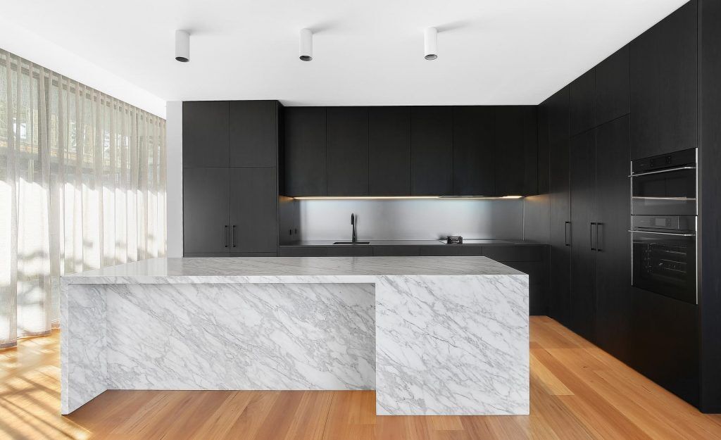 Putney, Veneer / Polyurethane kitchen featuring a Carrara Marble Island bench with waterfall return