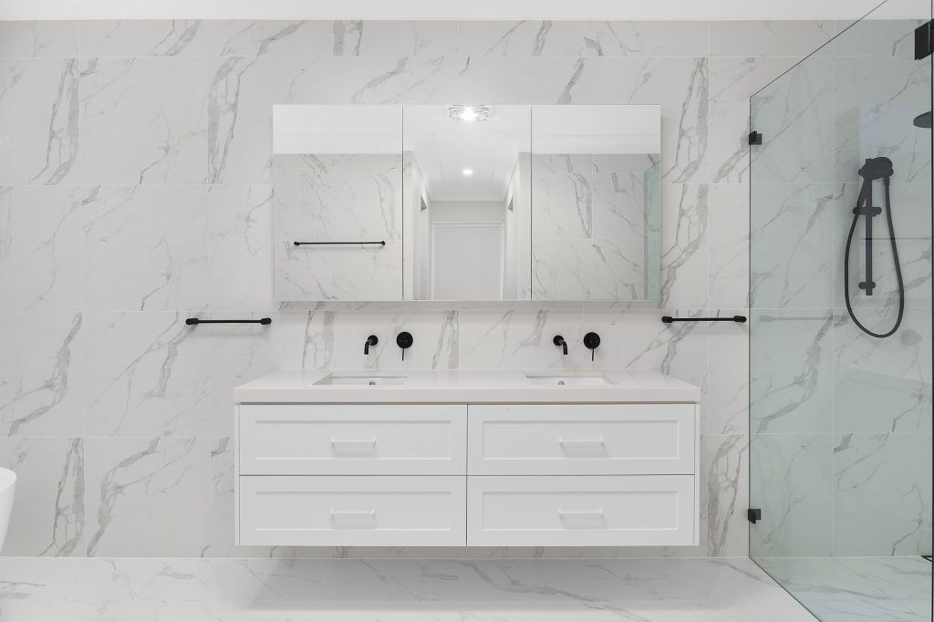 Shaker style double basin vanity with mirror cabinets above - Kellyville, Sydney
