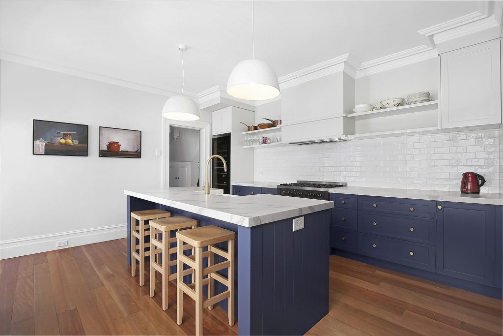 Stanmore, Shaker Style kitchen in Winter Terrace and Blue Rhapsody Polyurethane with a Smart Stone Borghini Naturale benchtop