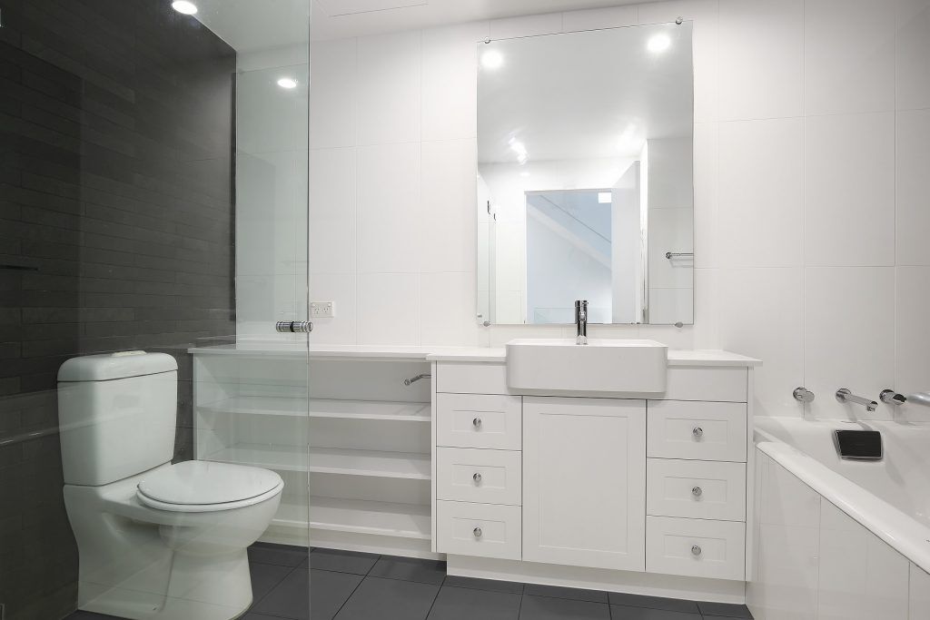 Polyurethane Shaker Style vanity with Michelangelo stone benchtop and open storage shelving - Lilyfield, Sydney