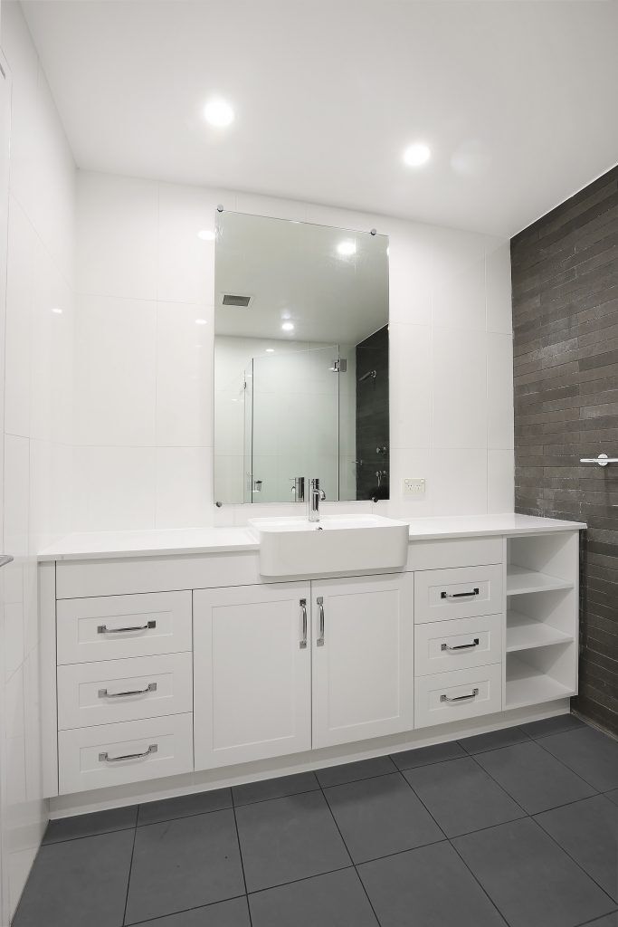 Polyurethane Shaker Style vanity with Michelangelo stone benchtop and open storage shelving - Lilyfield, Sydney
