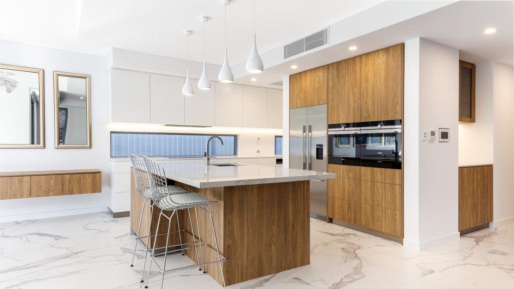 Oatley Kitchen, Polyurethane and Likewood finish with a Caesarstone Noble Grey benchtop