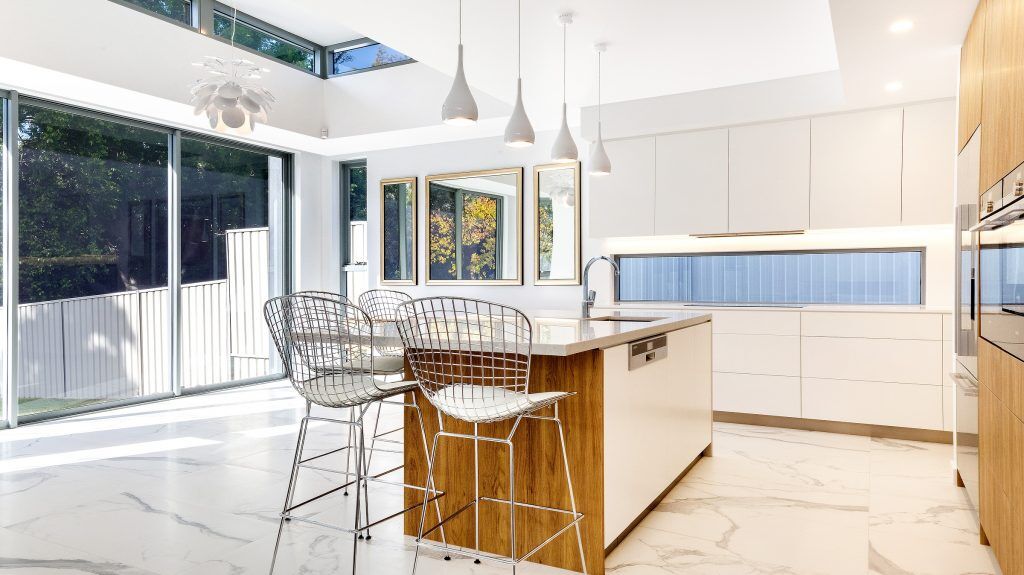 Oatley Kitchen, Polyurethane and Likewood finish with a Caesarstone Noble Grey benchtop