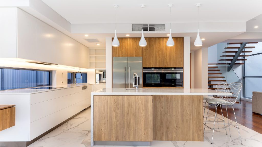 Oatley Kitchen, Polyurethane and Likewood finish with a Caesarstone Noble Grey benchtop