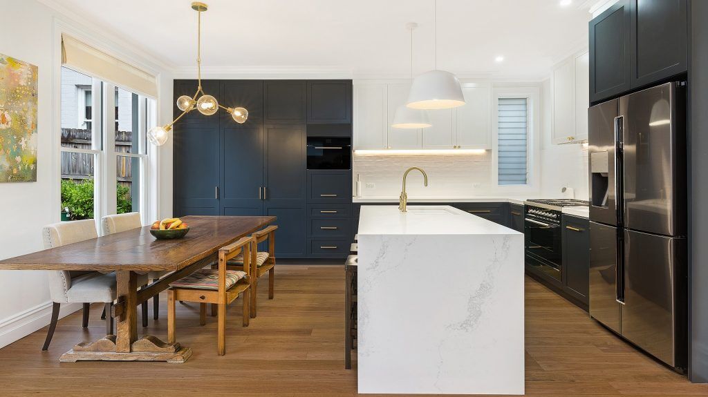 Annandale, Shaker style kitchen, Caesarstone bench with waterfall return, Blue Rhapsody door colour