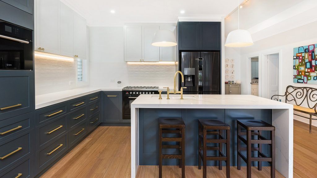 Annandale, Shaker style kitchen, Caesarstone bench with waterfall return, Blue Rhapsody door colour