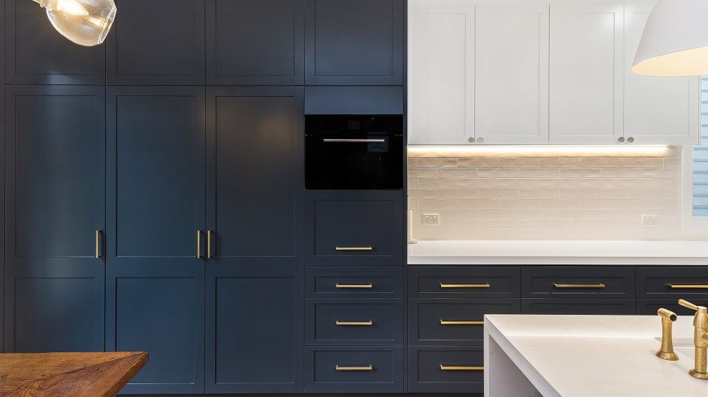 Annandale, Shaker style kitchen, Caesarstone bench with waterfall return, Blue Rhapsody door colour