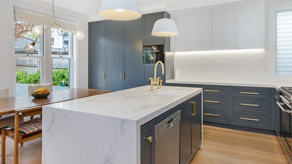 Annandale, Shaker style kitchen, Caesarstone bench with waterfall return, Blue Rhapsody door colour