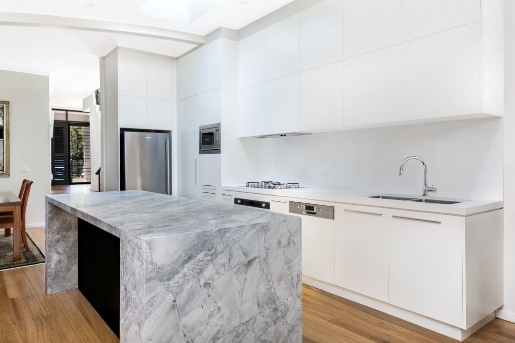 AFTER Lilyfield Renovation, Polyurethane kitchen with Super White Granite in a honed finish