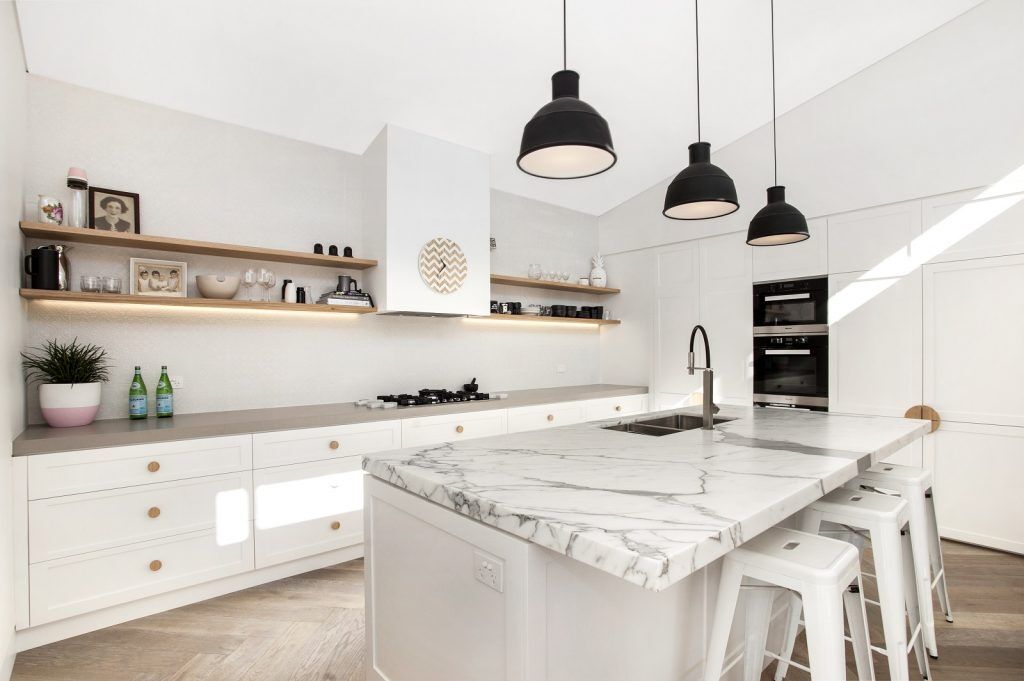 Northbridge Sydney, Satin Polyurethane Shaker Style kitchen with a Calacatta Marble Island Benchtop