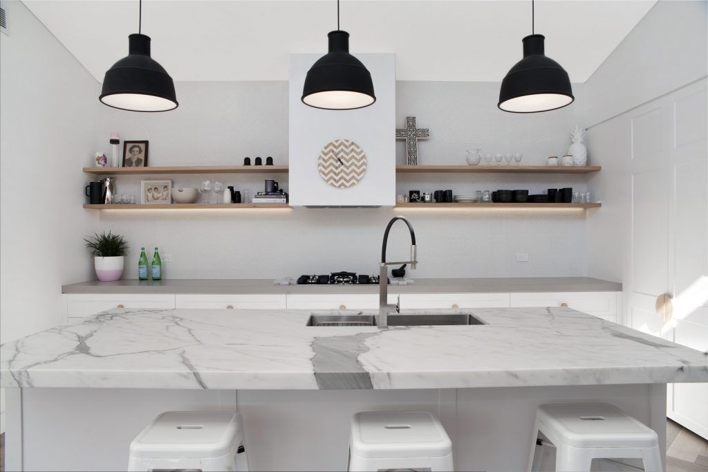 Northbridge Sydney, Satin Polyurethane Shaker Style kitchen with a Calacatta Marble Island Benchtop