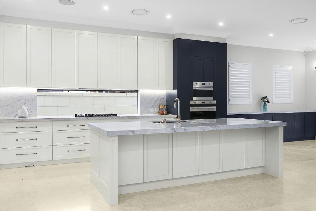 Earlwood, Shaker style two-tone Polyurethane kitchen with a Carrara marble benchtop