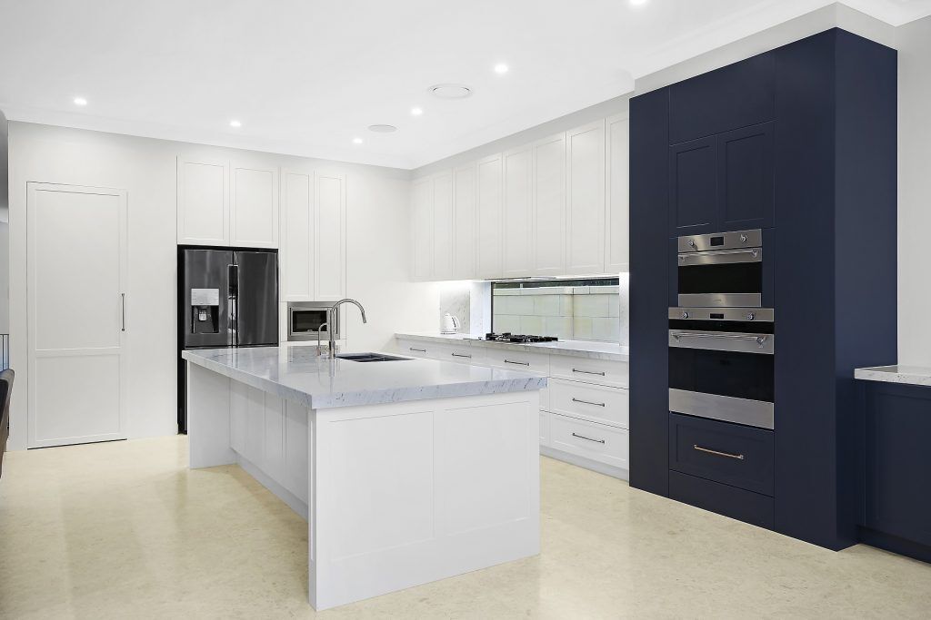 Earlwood, Shaker style two-tone Polyurethane kitchen with a Carrara marble benchtop