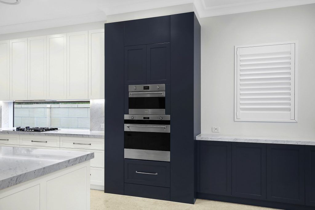 Earlwood, Shaker style two-tone Polyurethane kitchen with a Carrara marble benchtop