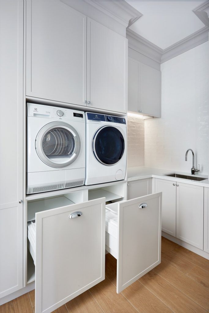 Polyurethane Shaker Style laundry with hidden laundry baskets - Belmore, Sydney