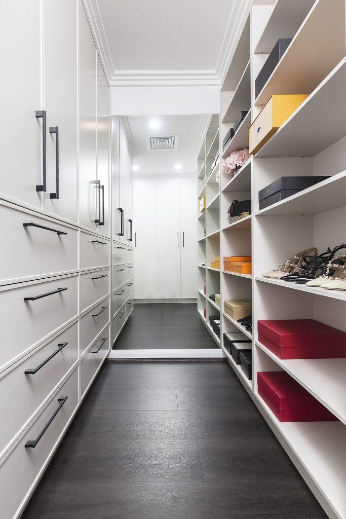 Polyurethane Walk-in wardrobe with laminate display shelving - Moorebank, Sydney