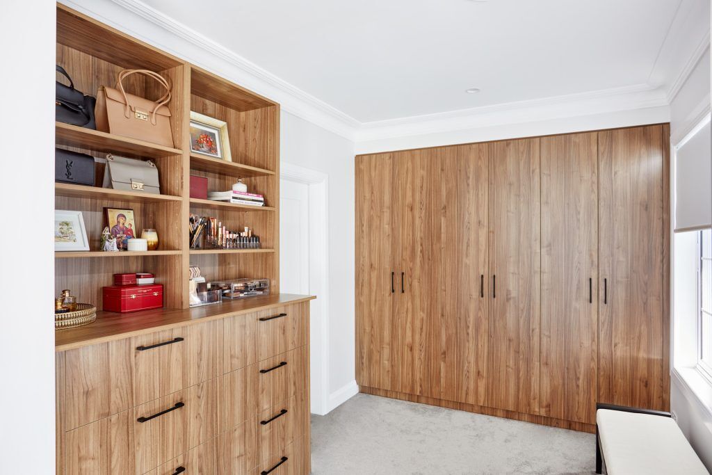 Timber Grain Walk-in Wardrobe with open shelving - Belmore, Sydney