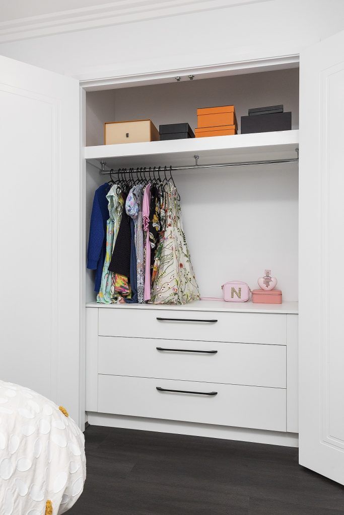 Laminate wardrobe fitout with drawers and hanging rail - Moorebank, Sydney