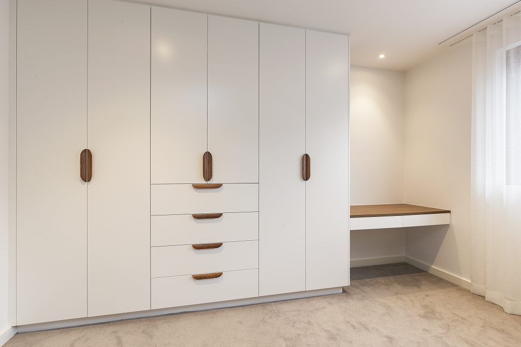 Satin Polyurethane wardrobe and study desk with a Polytec Woodmatt top - Concord, Sydney