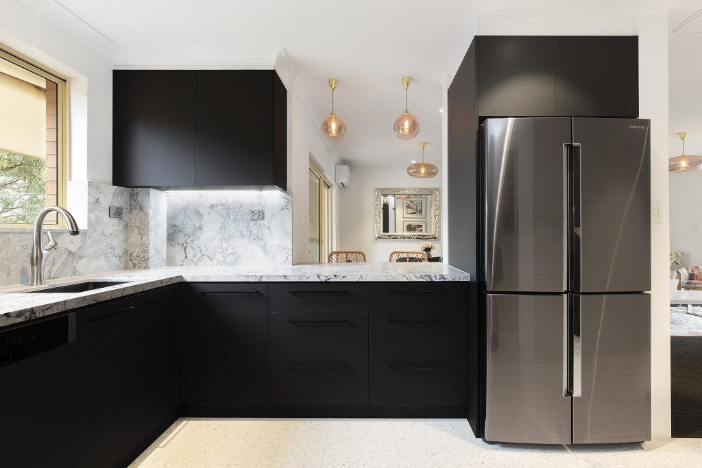 Miranda, Venette kitchen in Polytec Black with a 40mm Super White stone benchtop and splashback