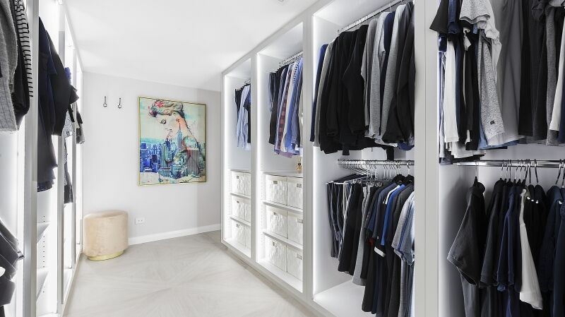 White Polyurethane walk-in wardrobe with internal LED lighting - Oatley, Sydney