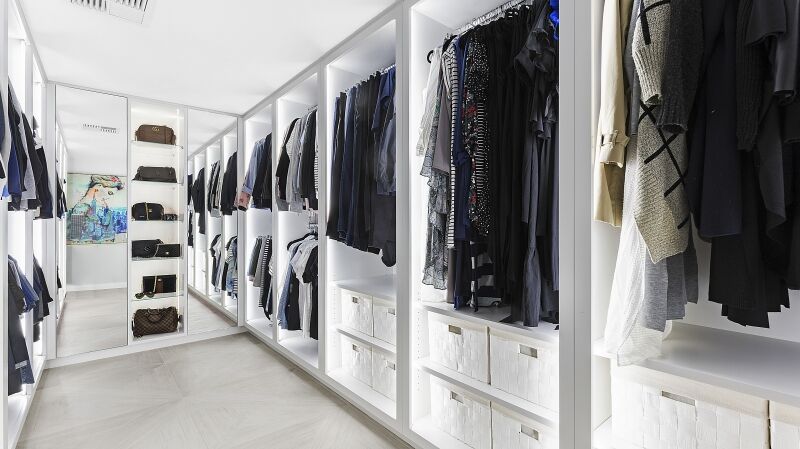 White Polyurethane walk-in wardrobe with internal LED lighting - Oatley, Sydney