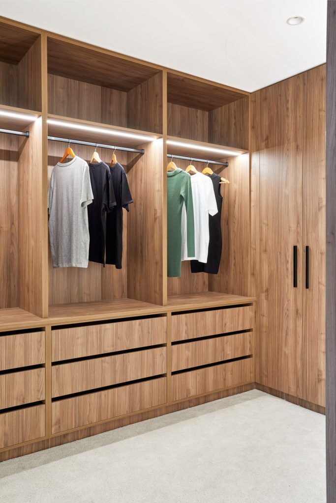 Laminate Walk-in Wardrobe in Nataio Walnut Woodmatt with LED lighting - Strathfield, Sydney