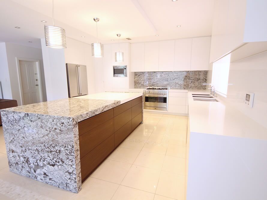 Strathfield Sydney, Satin Polyurethane kitchen with push open electronic drawers