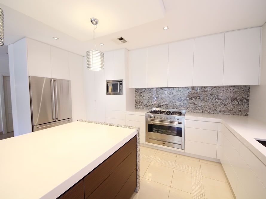 Strathfield Sydney, Satin Polyurethane kitchen with push open electronic drawers