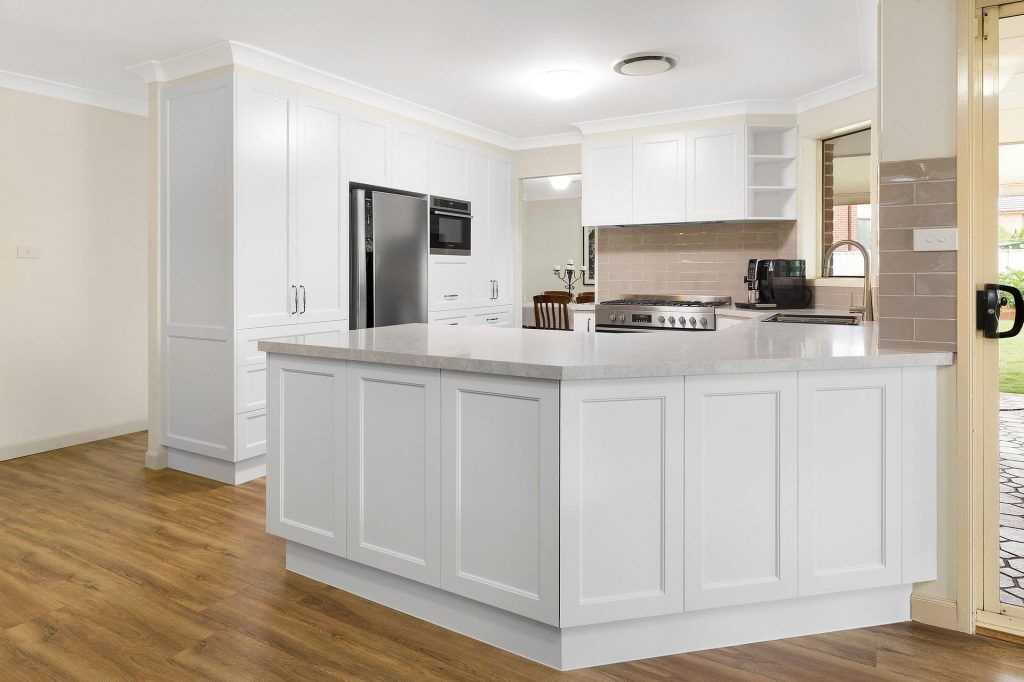 Chipping Norton, Polyurethane Shaker style kitchen with a Caesarstone benchtop in Bianco Drift