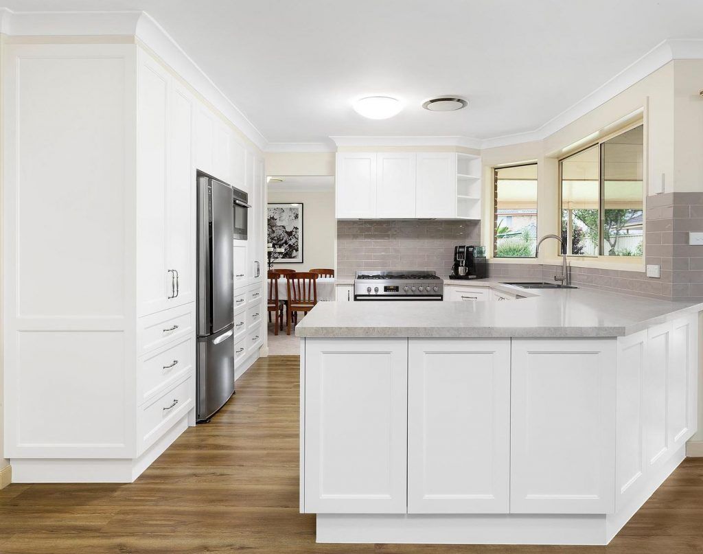 Chipping Norton, Polyurethane Shaker style kitchen with a Caesarstone benchtop in Bianco Drift