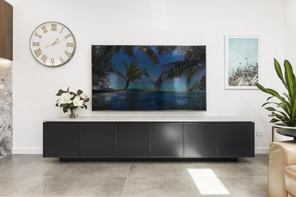 Push open Thin Shaker Polyurethane AV Unit with a stone benchtop - Chipping Norton, Sydney
