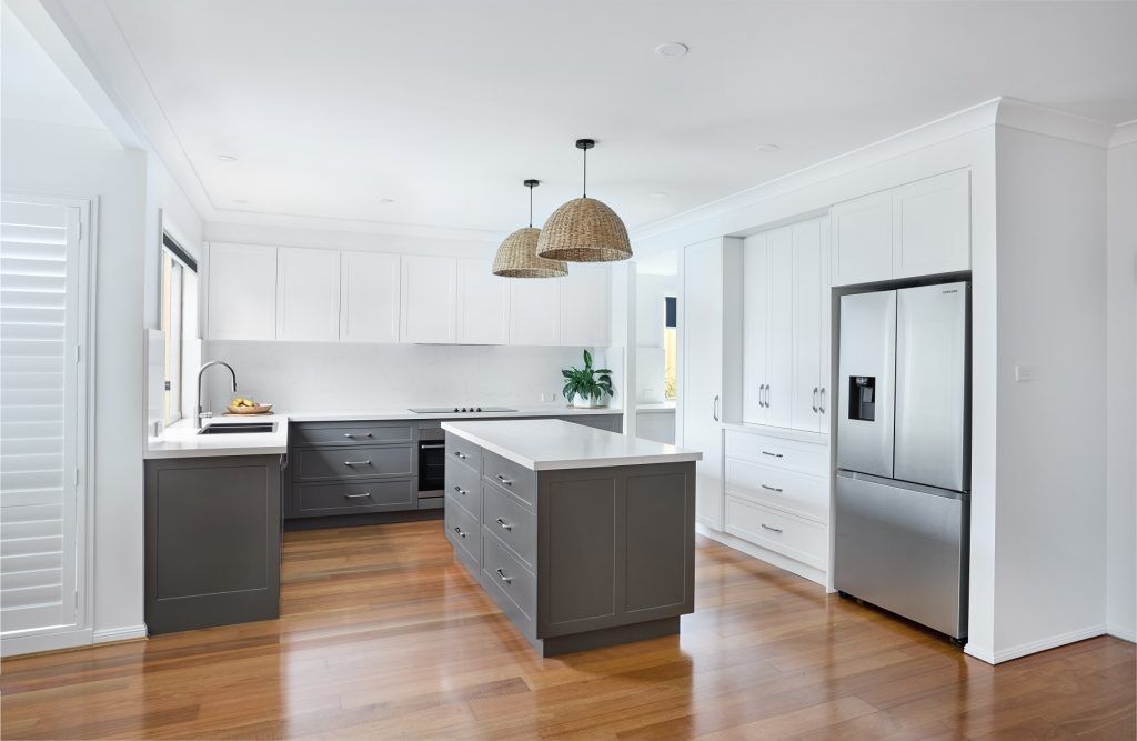 Barden Ridge, Satin Polyurethane Shaker Kitchen with an island, stone benches &amp; splashback and Butler's Pantry