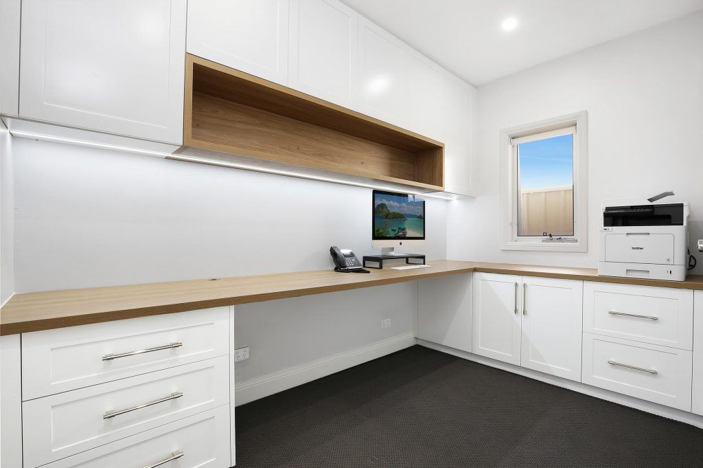 Polyurethane Shaker style study desk with a laminate benchtop and open shelf - Brighton Le Sands, Sydney