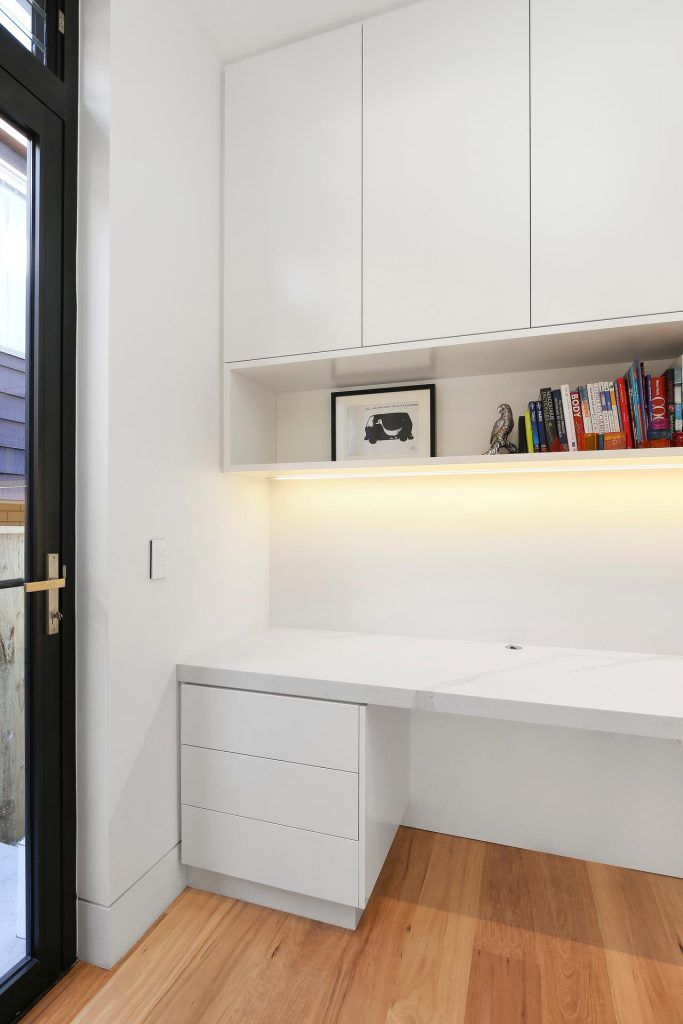 Polyurethane study desk with a stone benchtop and open shelving - Putney, Sydney